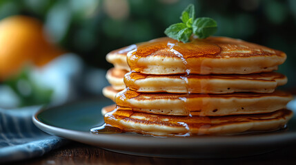 A stack of golden pancakes, drizzled with syrup, topped with mint.

