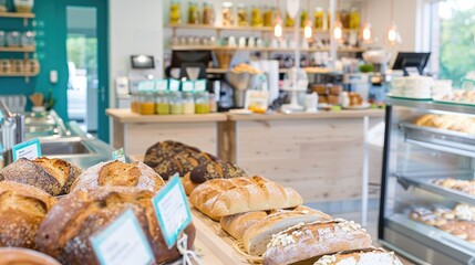A cozy bakery with a variety of freshly baked bread and pastries displayed on a wooden counter, showcasing a warm and inviting atmosphere..