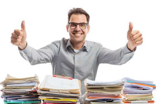 Happy accountant showing thumbs up with paperwork Isolated on white background