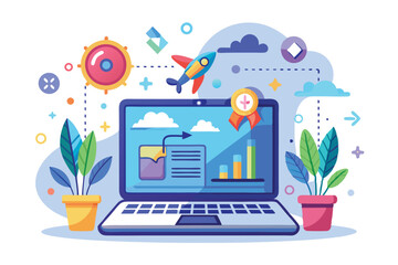 Laptop with Award, Rocket, Plants, and Abstract Elements