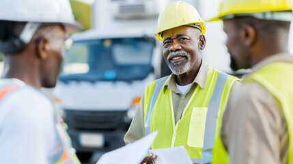 Three cheerful delivery workers in high-visibility vests and helmets chat and laugh by a van, creating a friendly and collaborative atmosphere..