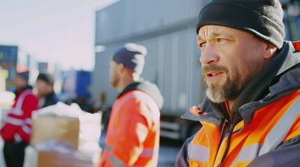Three cheerful delivery workers in high-visibility vests and helmets chat and laugh by a van, creating a friendly and collaborative atmosphere..