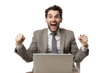 Happy businessman with open laptop Isolated on white background