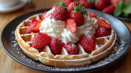 A waffle topped with whipped cream and fresh strawberries, dusted with powdered sugar.

