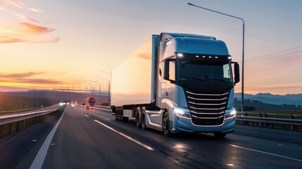 A modern semi-truck driving on a highway at sunset, showcasing transportation, logistics, and long-haul trucking services..