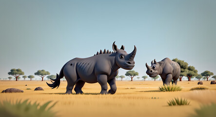 Fototapeta premium Stylized art of a Black rhino standing in a savanna landscape, showcasing its impressive horns and the expansive grasslands with a solid background and ample copy space.