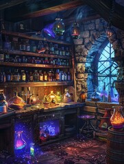 Obraz premium A dimly lit alchemist's workshop filled with potions, beakers, and other magical supplies.