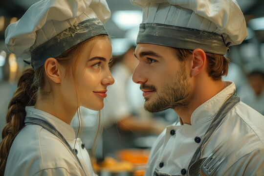 Culinary showdown  two restaurant chefs competing in kitchen battle with kitchen utensils