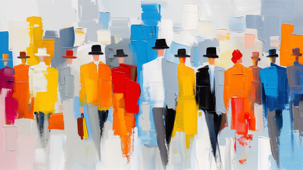 A vibrant abstract painting of people in hats, showcasing colorful figures walking against a modern background.