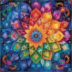 Fototapeta premium A vibrant, colorful mandala with a celestial theme. The intricate design features a swirling pattern of stars, planets, and celestial bodies.