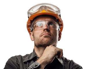 Industrial manager in hat and goggles deep in thought isolated on white background