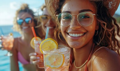 Happy friends enjoy mojito cocktails at a summer pool party, celebrating the holidays outdoors with a focus on food, beverages, and a lively lifestyle.