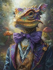 Fototapeta premium A whimsical portrait of a lizard wearing a suit and bowtie, standing in a magical forest with glowing mushrooms.