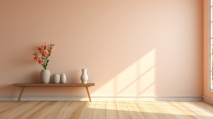 Minimalist interior with a wooden bench, vase with flowers, and a peach wall. Sunlight streams through the window.