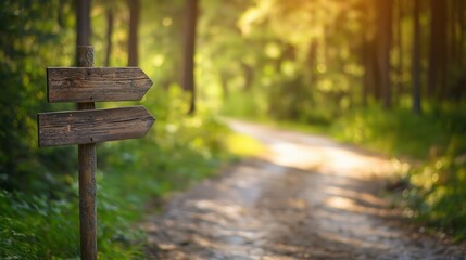 Pine forest road with a rustic wooden sign, guiding and inviting