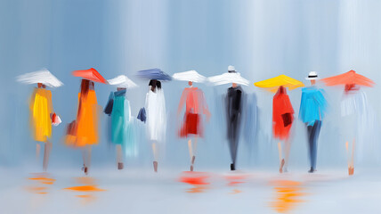 A colorful group of people walking under umbrellas, creating a vibrant scene of motion and style against a blurred background.