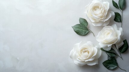Elegant white roses with green leaves on plain background