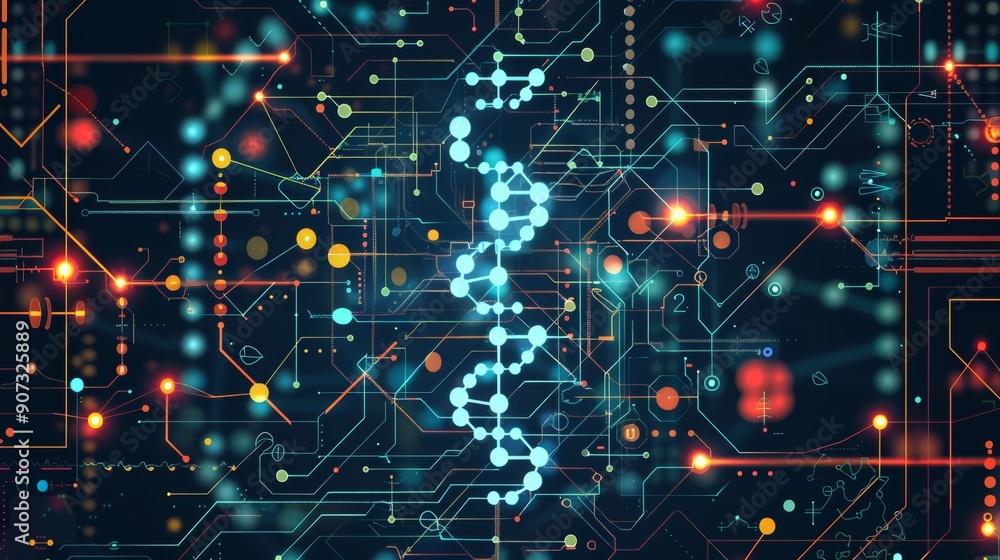 Poster cartoon vector genome sequencing process with digital data and molecular structures