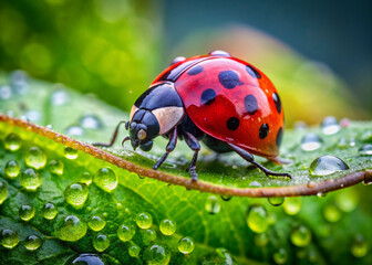 Fototapeta premium Vibrant ladybug with red and black shell perches on a delicate green leaf, surrounded by tiny water droplets, in a serene natural outdoor setting.