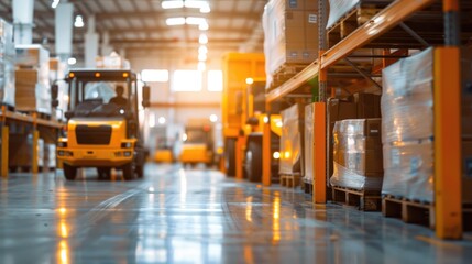 An advanced warehouse featuring an autonomous truck navigating through the facility at night, showcasing modern logistics and technology..