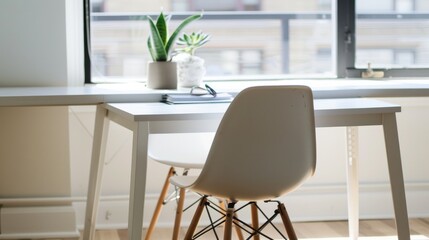 A clean and minimalist home office setup featuring a computer, potted plant, and white chair, creating a serene workspace..
