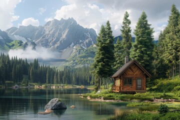 Obraz premium Secluded Log Cabin by a Mountain Lake