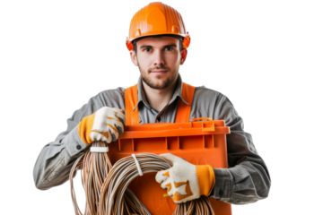 Male electrician holding a toolbox and coiled cables, ready for work, Isolated on white background