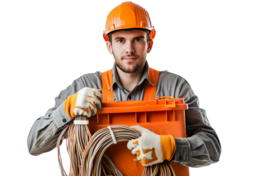 Male electrician holding a toolbox and coiled cables, ready for work, Isolated on white background - Powered by Adobe