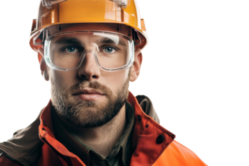 Male electrician wearing a hard hat and safety glasses, confident and professional, Isolated on white background