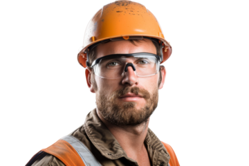Male electrician wearing a hard hat and safety glasses, confident and professional, Isolated on white background