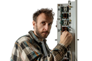 Male electrician working with a fuse box, concentration on his face, Isolated on white background