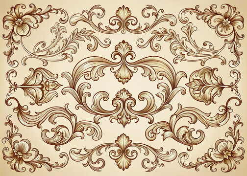 Intricate, hand-drawn vintage design elements including ornate swirls, flourishes, and detailed vignettes perfect for adding elegance and sophistication to any creative project.