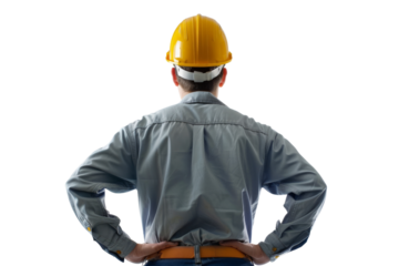 Manager supervising factory operations with hands on hips, isolated on white background