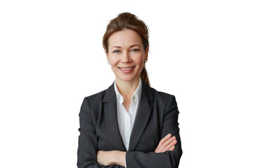 Middle aged female entrepreneur with ponytail in professional outfit smiling Isolated on white background
