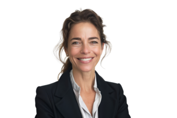 Middle aged female entrepreneur with ponytail in professional outfit smiling Isolated on white background