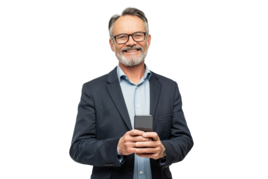 Mature businessman using smartphone with focused look, isolated on white background