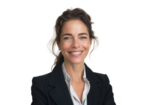 Middle aged female entrepreneur with ponytail in professional outfit smiling Isolated on white background