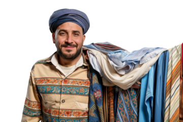 Middle Eastern laundry shopkeeper holding ironed clothes, isolated on white background
