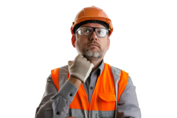 Pensive factory manager with safety gear isolated on white background