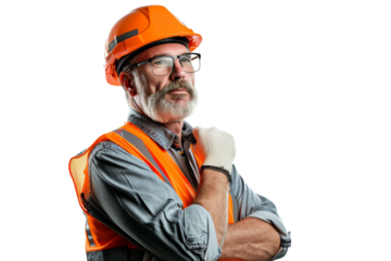 Pensive factory manager with safety gear isolated on white background