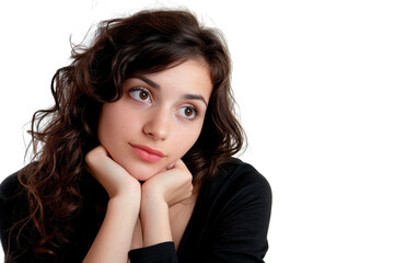 Fototapeta premium Pensive woman with curly hair, lost in thought, isolated on white background