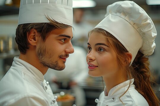 Restaurant chefs in culinary duel, intense kitchen battle with utensils, chef rivalry concept