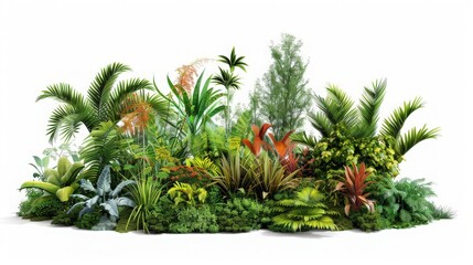 Fototapeta premium Lush green tropical plants arranged beautifully on a clean white background, perfect for nature-themed projects.