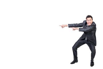 Obraz premium Positive man pointing aside in studio. White background.