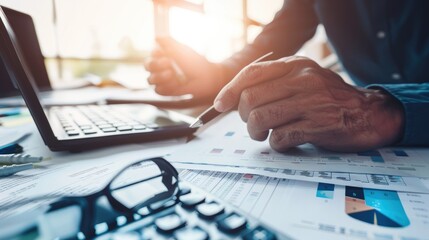 Close-up of a person analyzing financial charts and graphs with a pen and a laptop, highlighting data analysis, financial planning, and business strategy..
