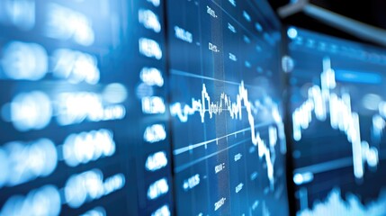 Close-up of stock market charts and data visualization on digital screens, illustrating market trends, financial analysis, and trading activity..