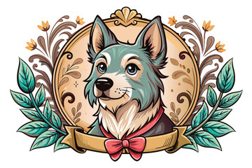 Cartoon Dog Portrait with Floral Frame and Bowtie