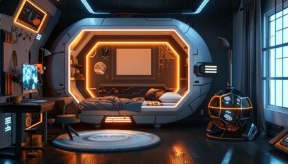 Tech-Savvy Kids' Bedroom with Interactive Elements and Blank Poster
