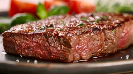 A beautifully cooked steak on a plate, close-up of the texture and garnish 