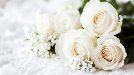 Fototapeta premium Elegant white roses arranged on delicate white fabric